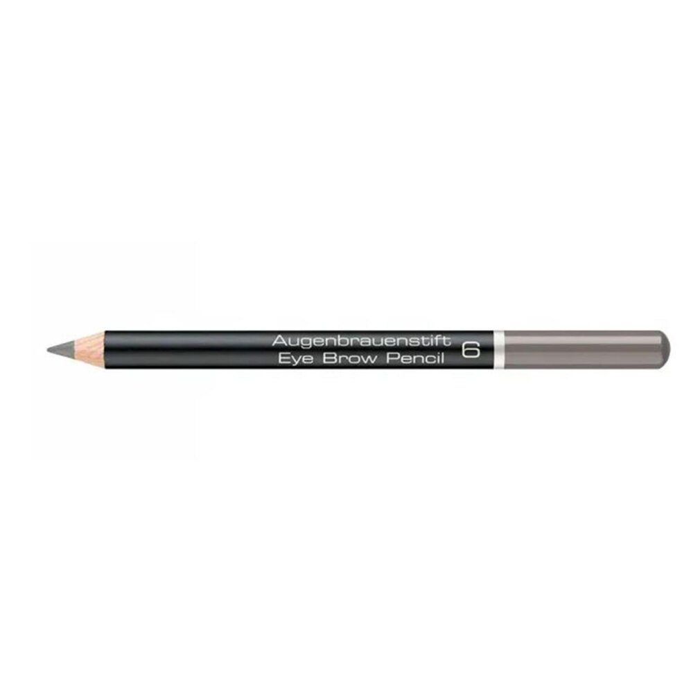 Crayon à sourcils gris-brun. Corps noir avec nom du produit et numéro 6. Pointe et extrémité inférieure en nuances de gris.