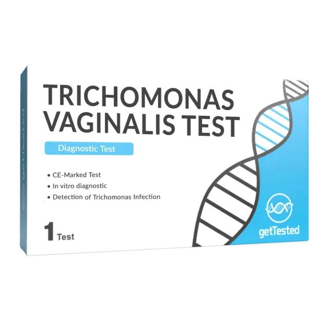 Verpakking voor een Trichomonas vaginalis test. Opschrift: Trichomonas Vaginalis Test, Diagnostic Test, CE-Marked Test, 1 Test, getTested.