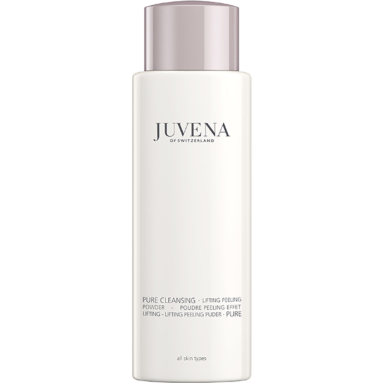 Flacon blanc, bouchon rose. Inscription: Juvena of Switzerland. Nom du produit: Pure Cleansing Lifting Peeling Powder.