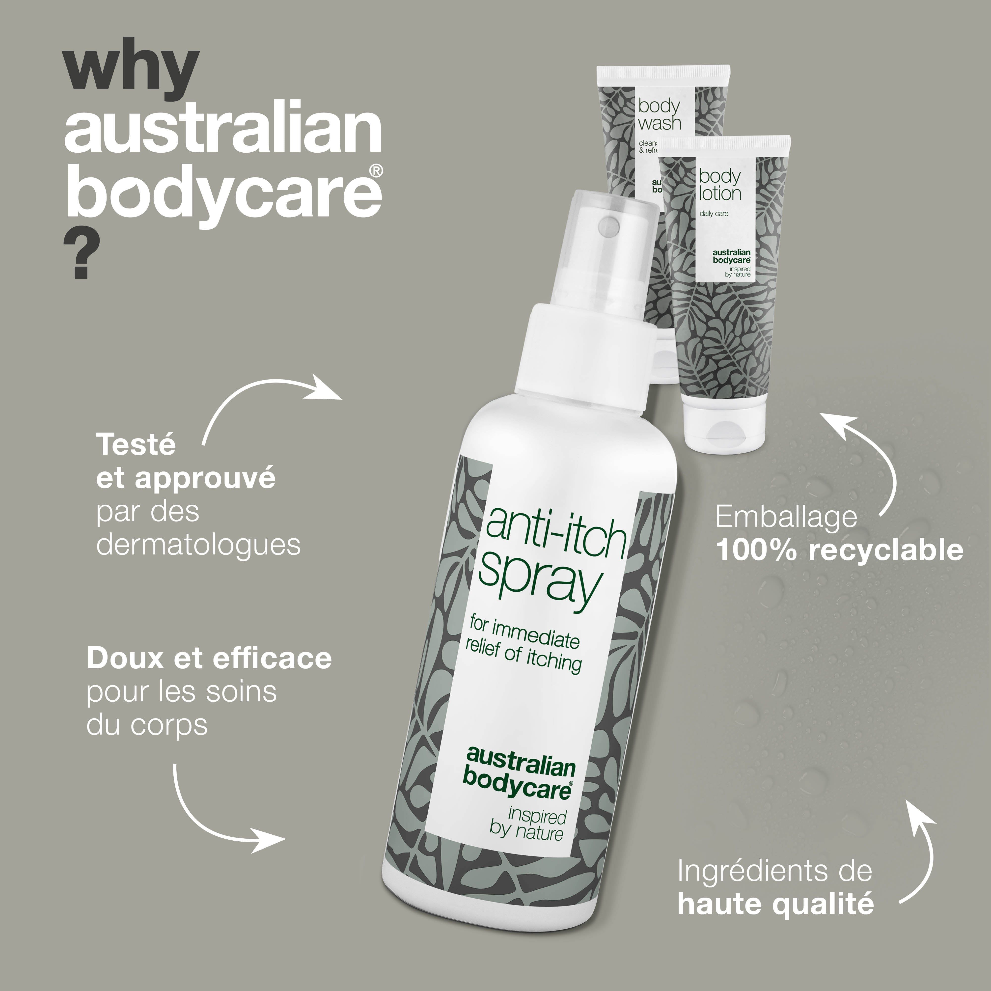 Spray anti-démangeaisons Australian Bodycare. Bouteille blanche avec vaporisateur. Deux autres produits en arrière-plan.