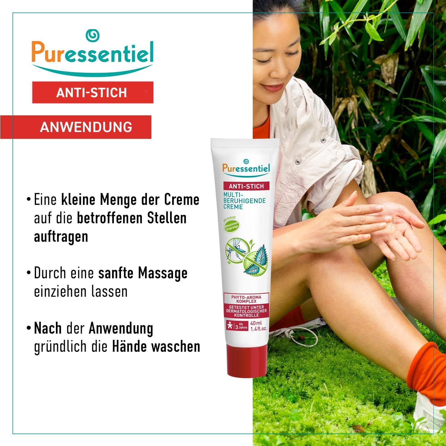 Femme avec tube de crème. Inscription: Anti-Stich, Multi-beruhigende Creme. Logo: À partir de 3 ans. Instructions d'utilisation.
