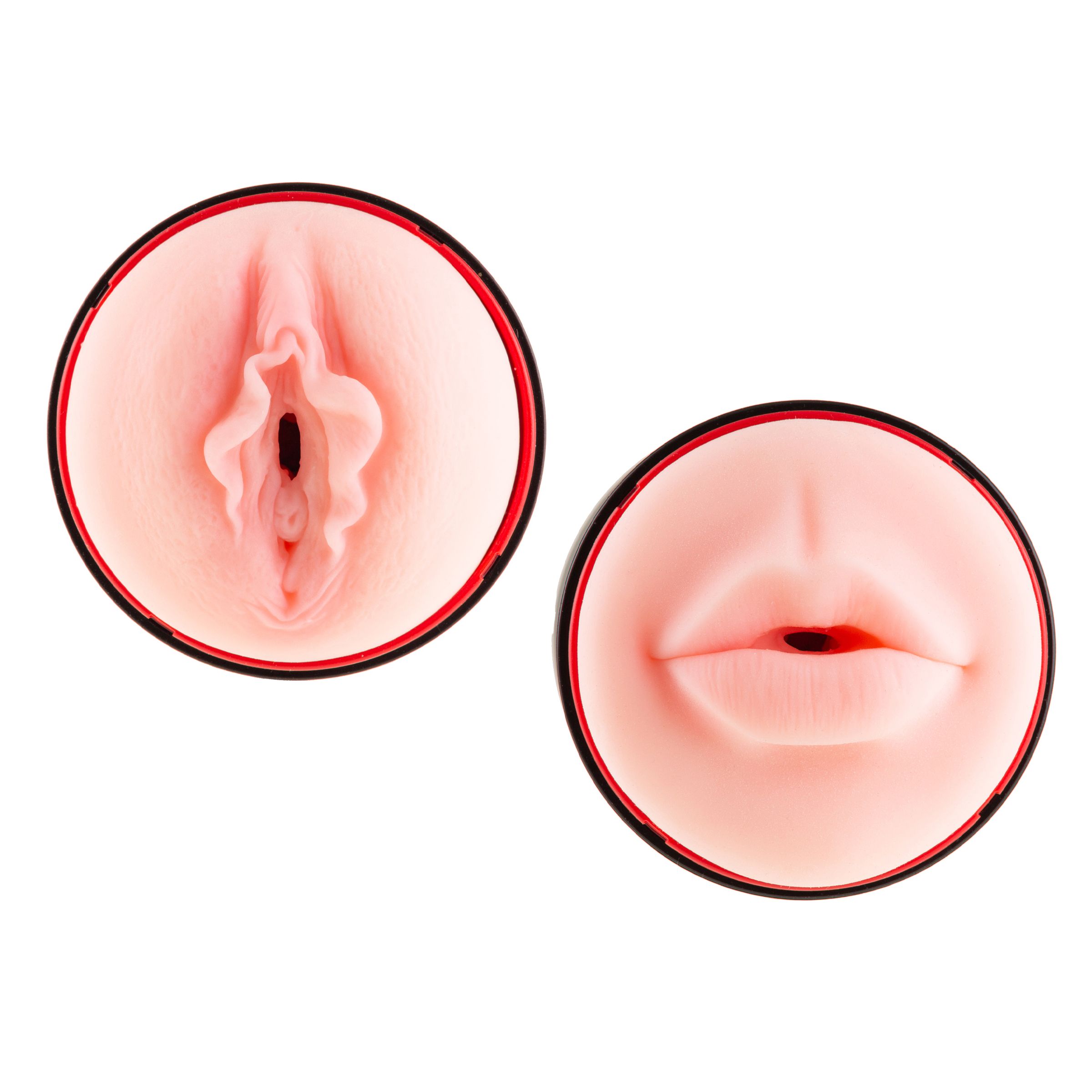 Twee ronde producten met rode rand. Eén toont een vulva, de andere lippen. Beide zijn roze.