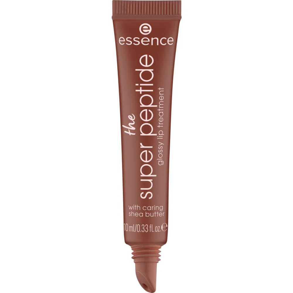 Bruine tube met productnaam en tekst. Bevat sheaboter. Merk: Essence. Glossy Lip Treatment.