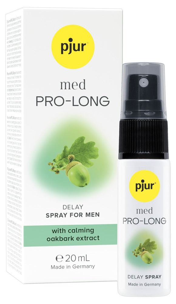 Witte fles en verpakking. Opschrift: pjur med PRO-LONG, met eikenbast extract. 20 ml. Met verstuiver.
