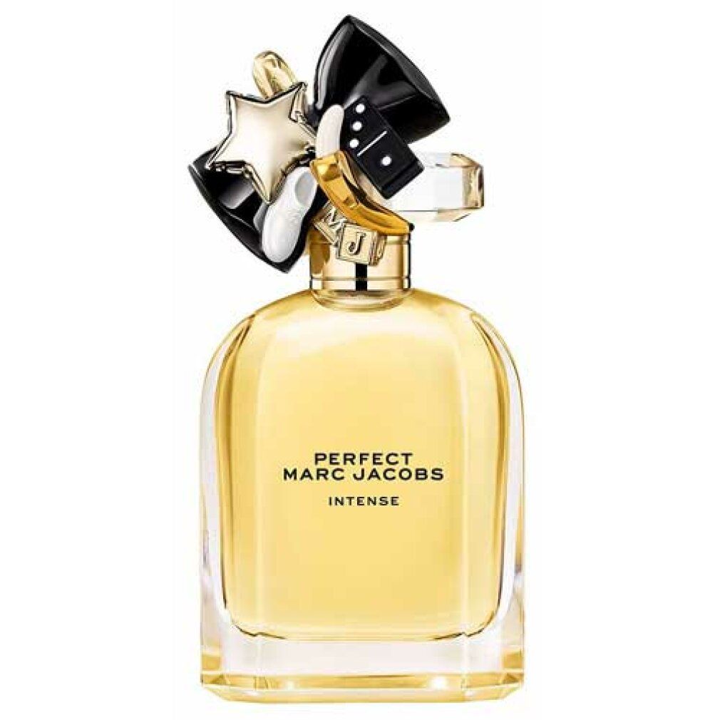 Flacon de parfum avec liquide jaune, nœud noir et décoration étoile. Inscription: PERFECT MARC JACOBS INTENSE.