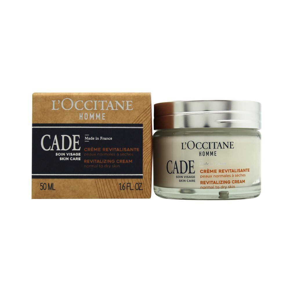 Crèmepot en kartonnen doos. Opschrift: L'Occitane Cade, Crème revitalisante, Soin visage, 50 ml, 1.6 fl.oz.