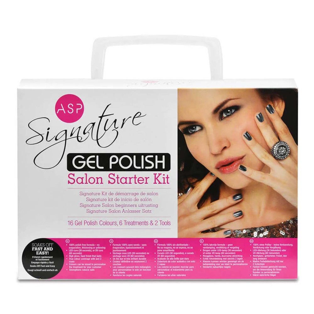 Verpakking van de Signature Gel Polish Salon Starter Kit. Afgebeeld: vrouw met gelakte nagels. Tekst: 16 Gel Polish kleuren, 6 behandelingen & 2 tools.