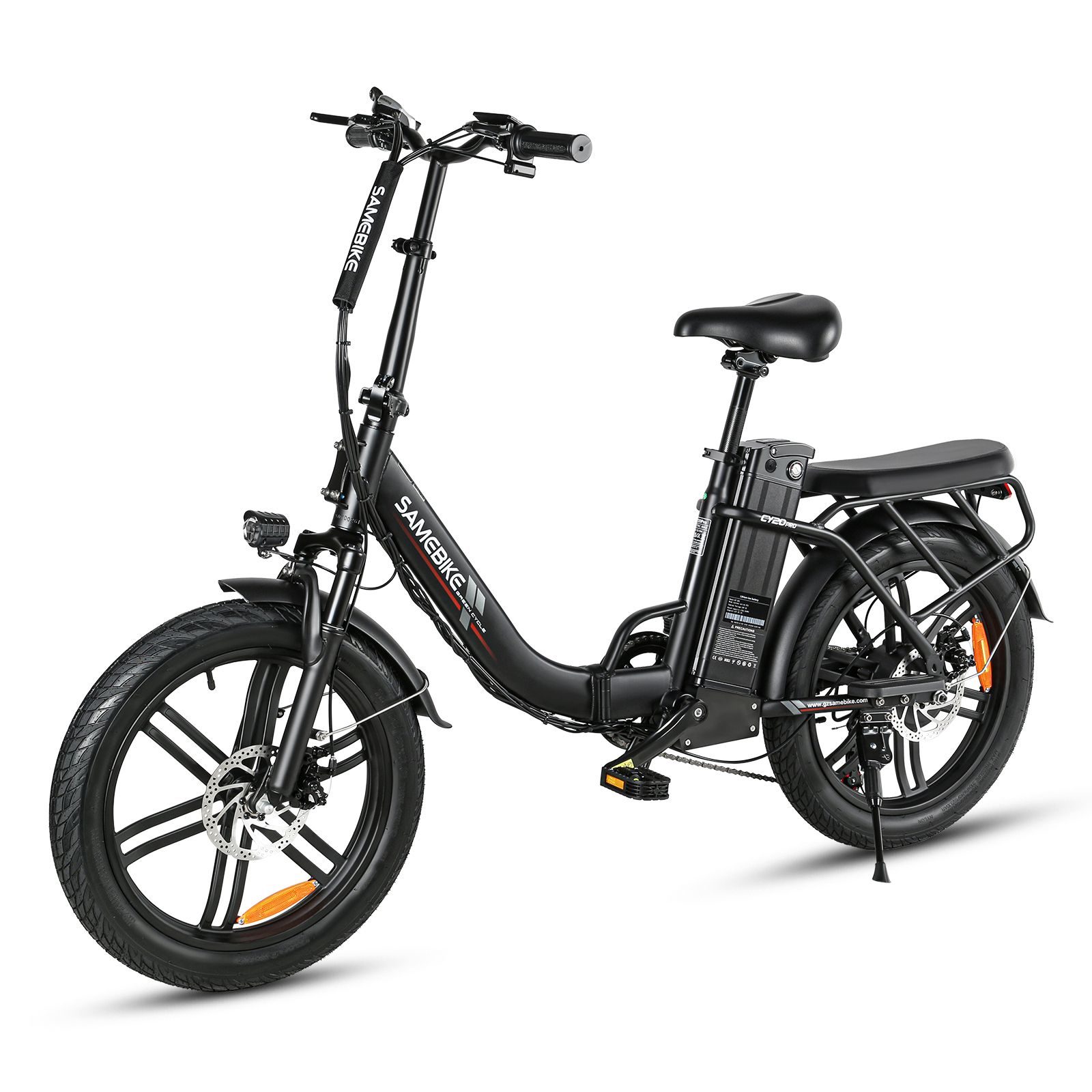 Vélo électrique noir avec guidon plié. Porte-bagages, garde-boue, phare et batterie visibles. Marque : SAMEBIKE.