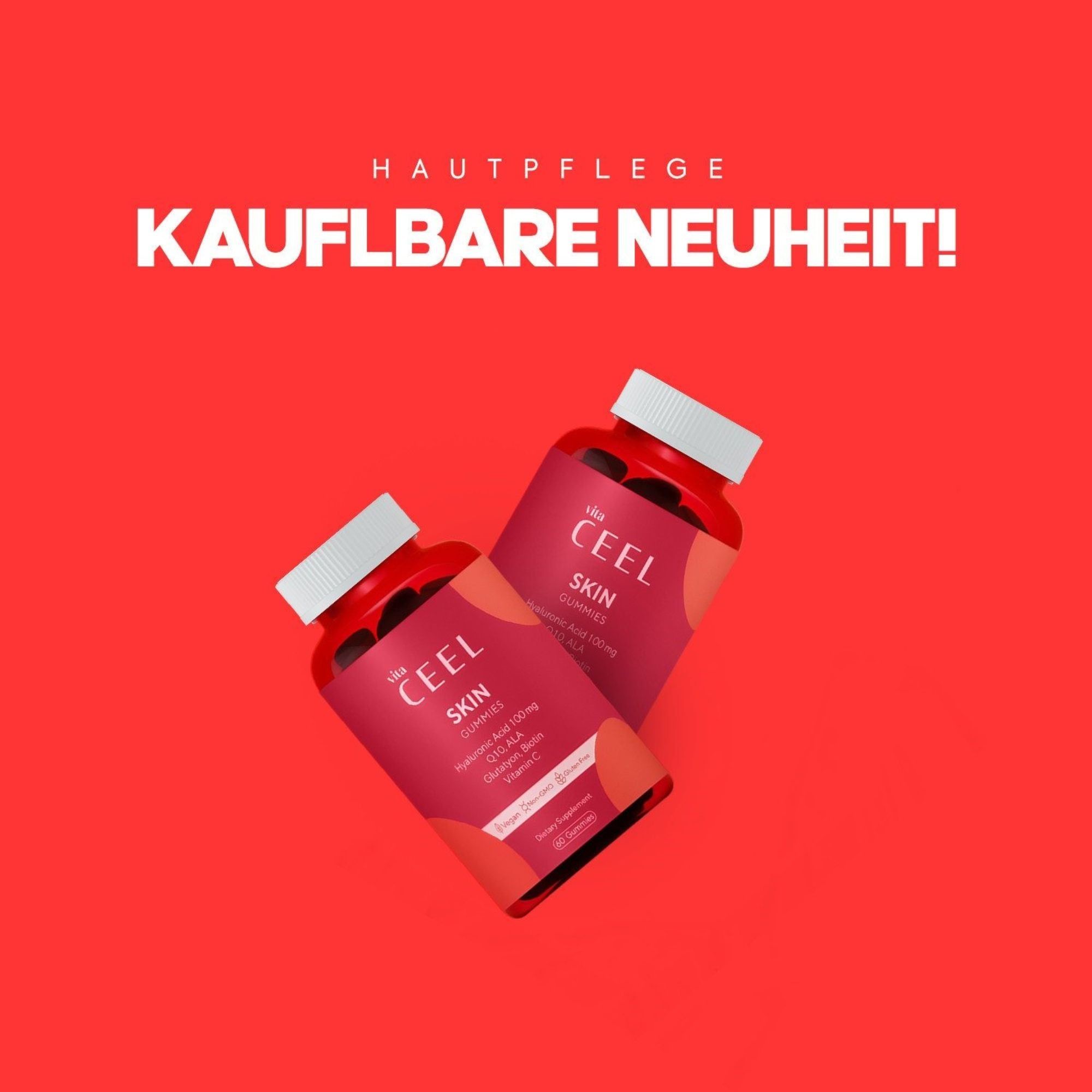 Twee flessen CEEL SKIN gummies met witte dop op rode achtergrond.