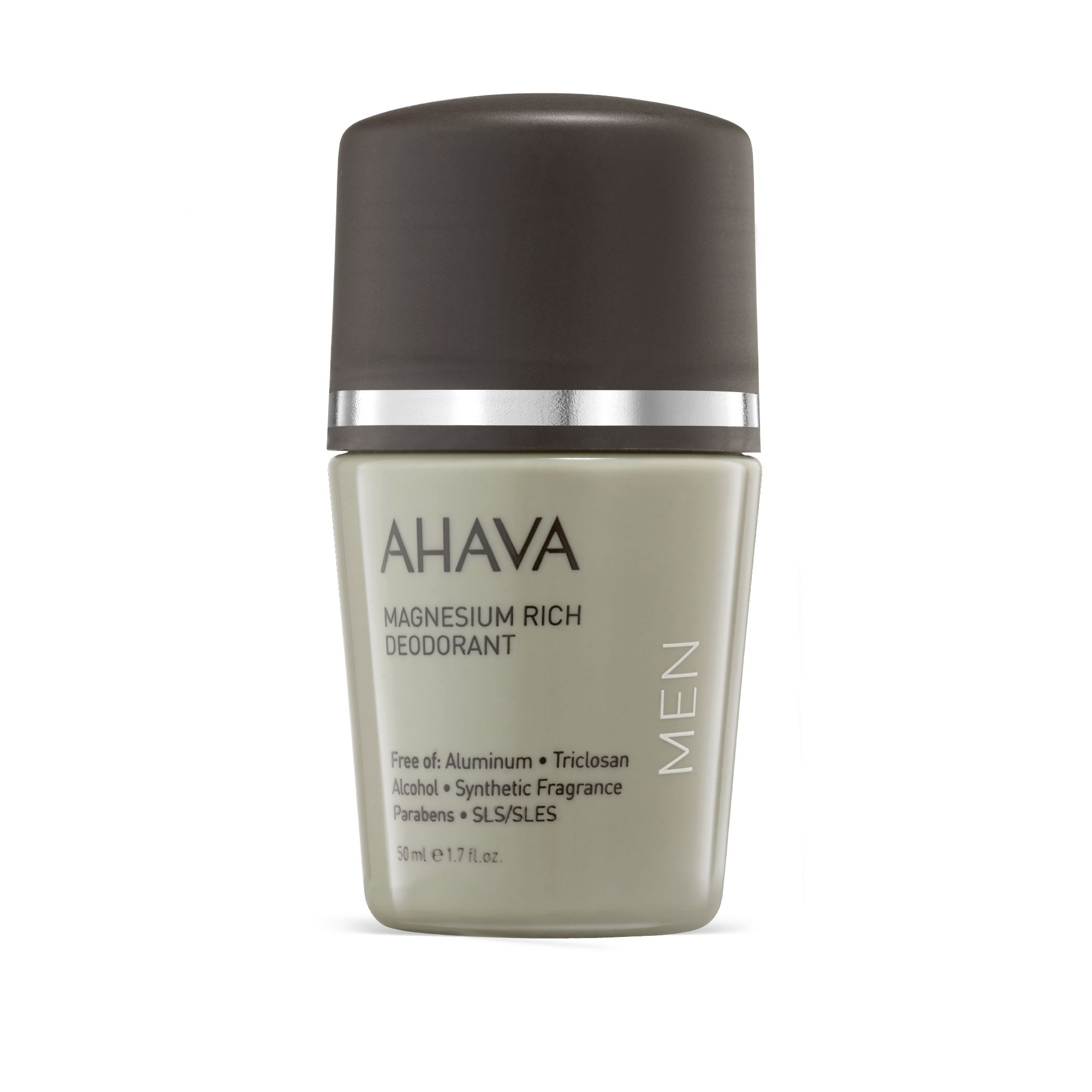 AHAVA deodorant roller. Grijze fles met bruine dop. Opschrift: Magnesium Rich Deodorant. Vrij van aluminium, alcohol, parabenen.