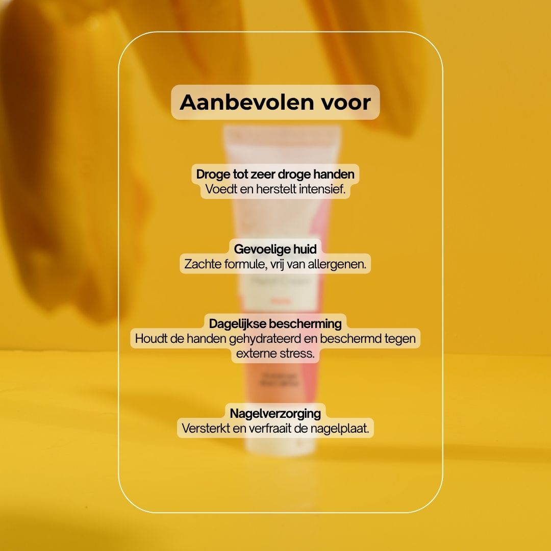 Handcrèmetube, roze-wit. Tekst en illustraties. Aanbevolen voor droge handen, gevoelige huid, etc.