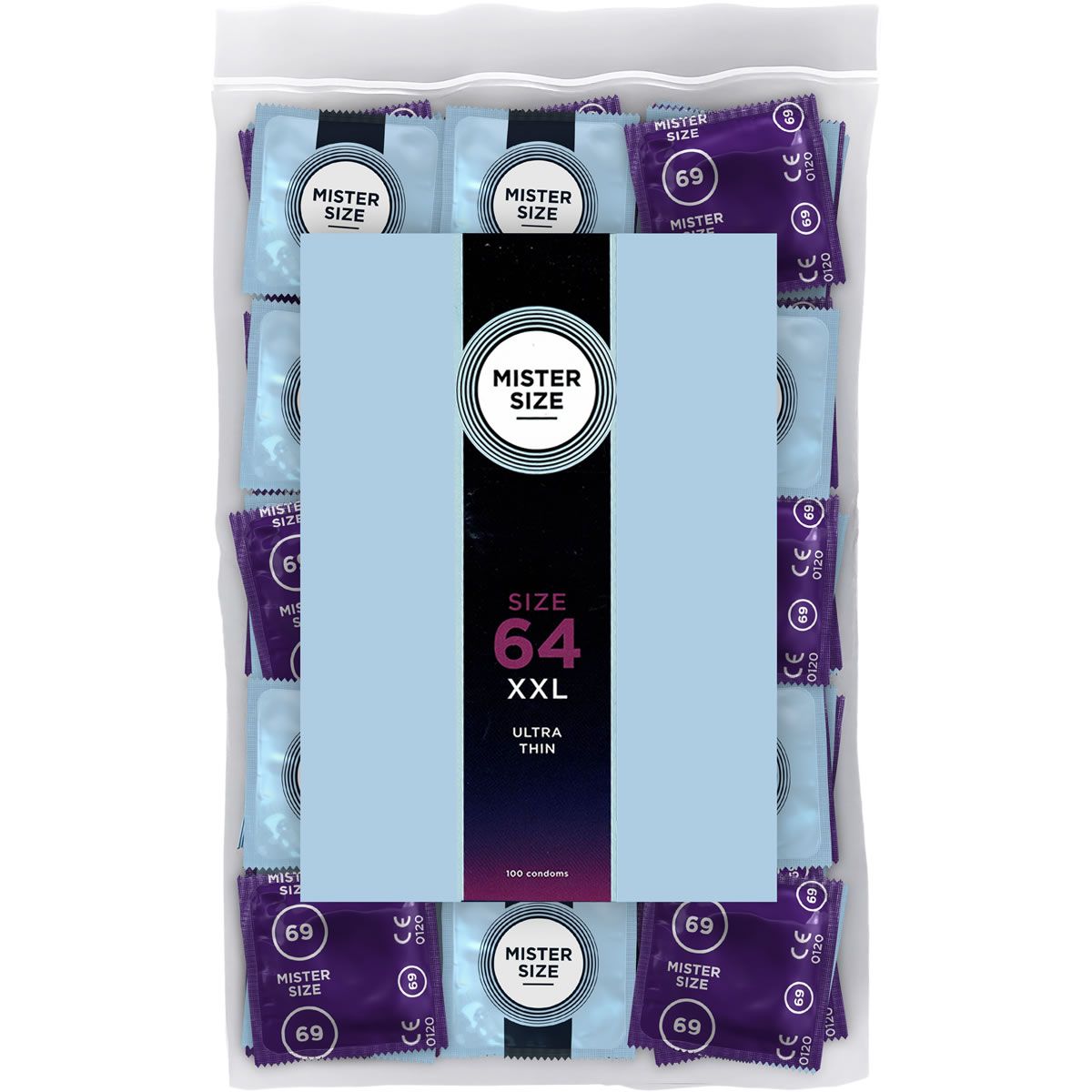 Pack de 100 préservatifs Mister Size 64 XXL Ultra Thin.