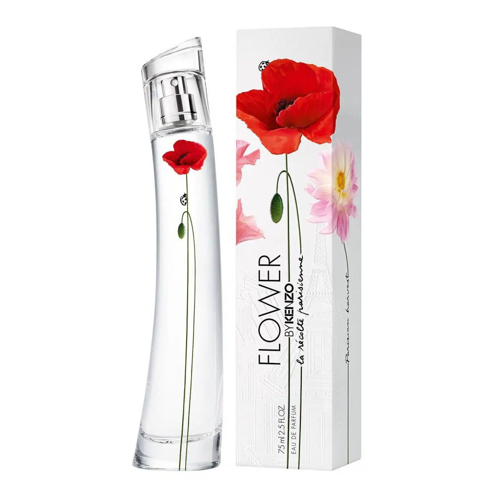 Parfumfles met rode klaproos en verpakking. Opschrift: FLOWER BY KENZO la récolte parisienne. 75 ml Eau de Parfum.