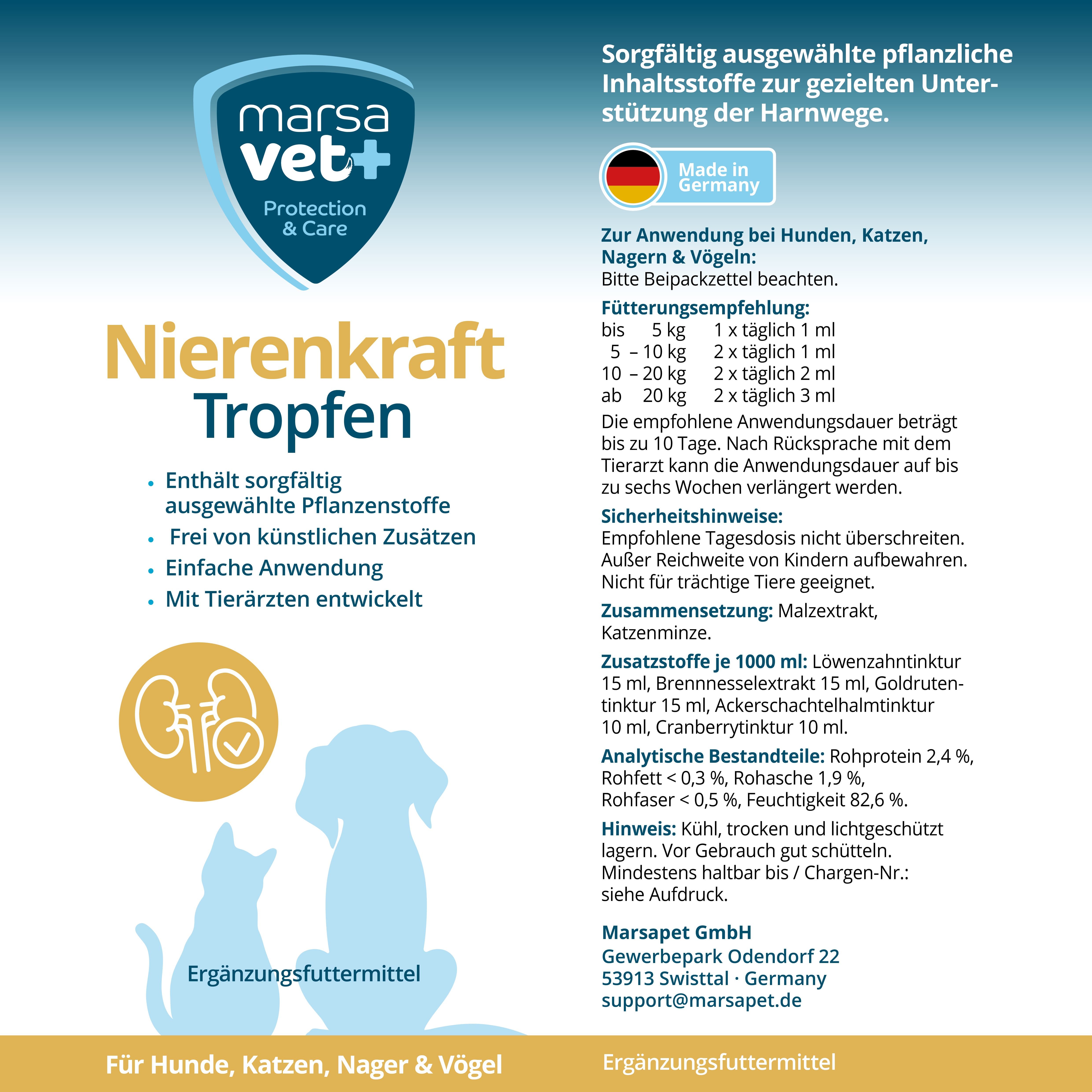 Etiket met productnaam, logo en ingrediënten. Bevat informatie over gebruik en dosering. Voor honden, katten, knaagdieren en vogels.