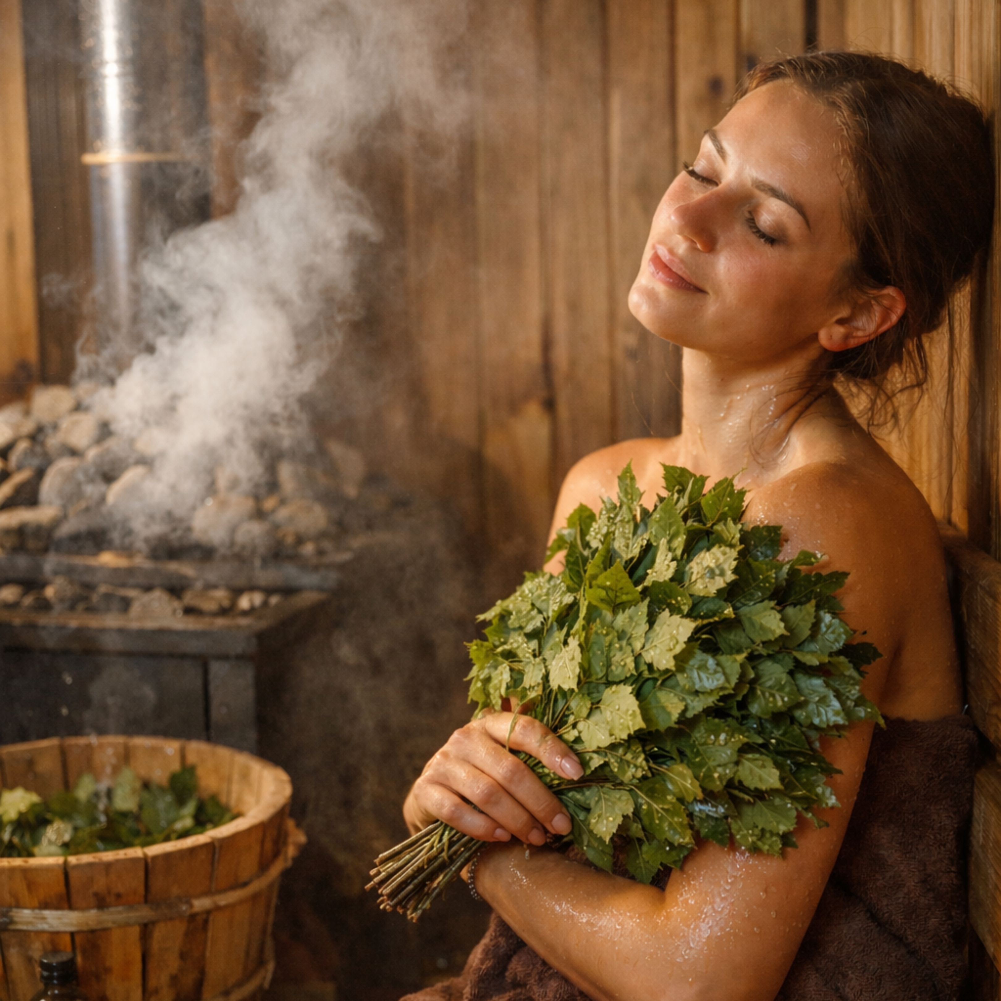 Femme dans un sauna, tenant des branches de bouleau. Revêtement en bois, vapeur. Pose détendue.