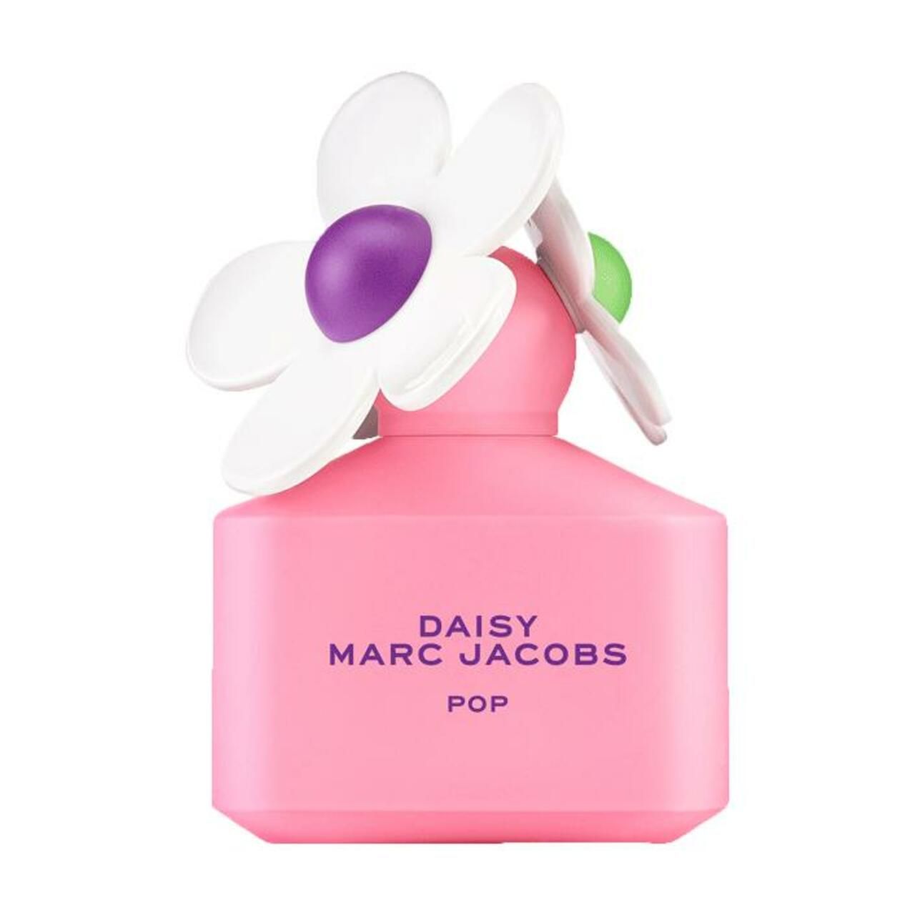 Roze fles met witte bloem en paarse kern. Opschrift: Daisy Marc Jacobs Pop.