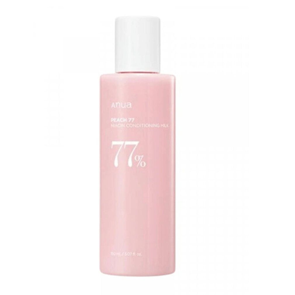 Flacon rose avec bouchon blanc. Inscription: Anua, Peach 77 Niacin Conditioning Milk, 77%.