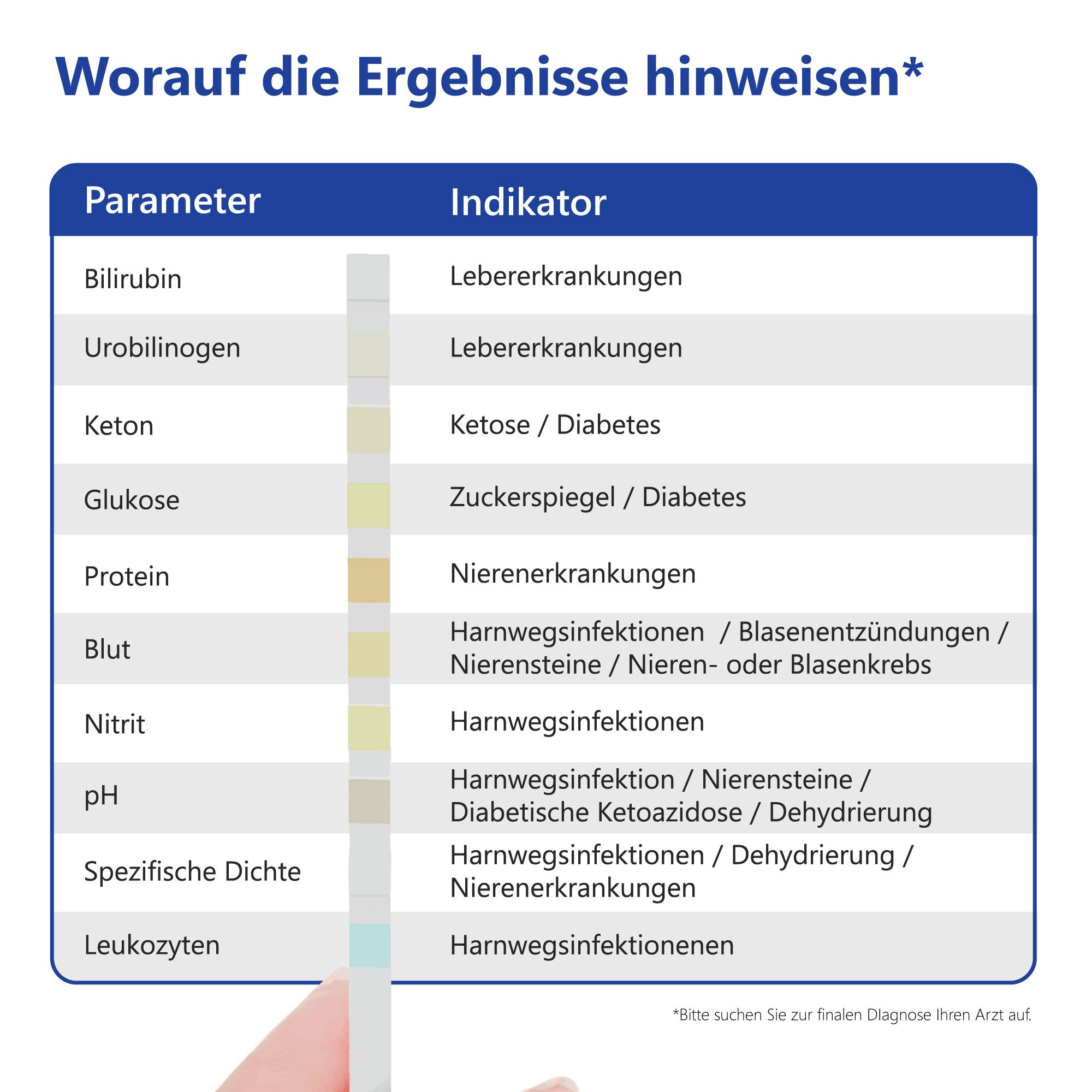 Tabel met parameters en indicatoren. Bilirubine, urobilinogeen, keton, etc. Opmerking: raadpleeg een arts.