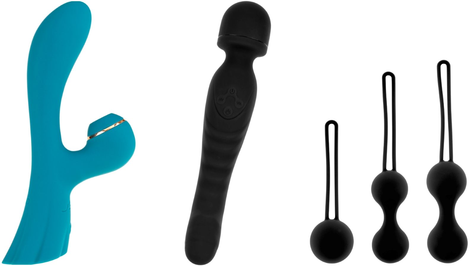 Trois jouets sexuels : un turquoise avec des accents dorés, un noir allongé et deux boules noires avec des boucles.