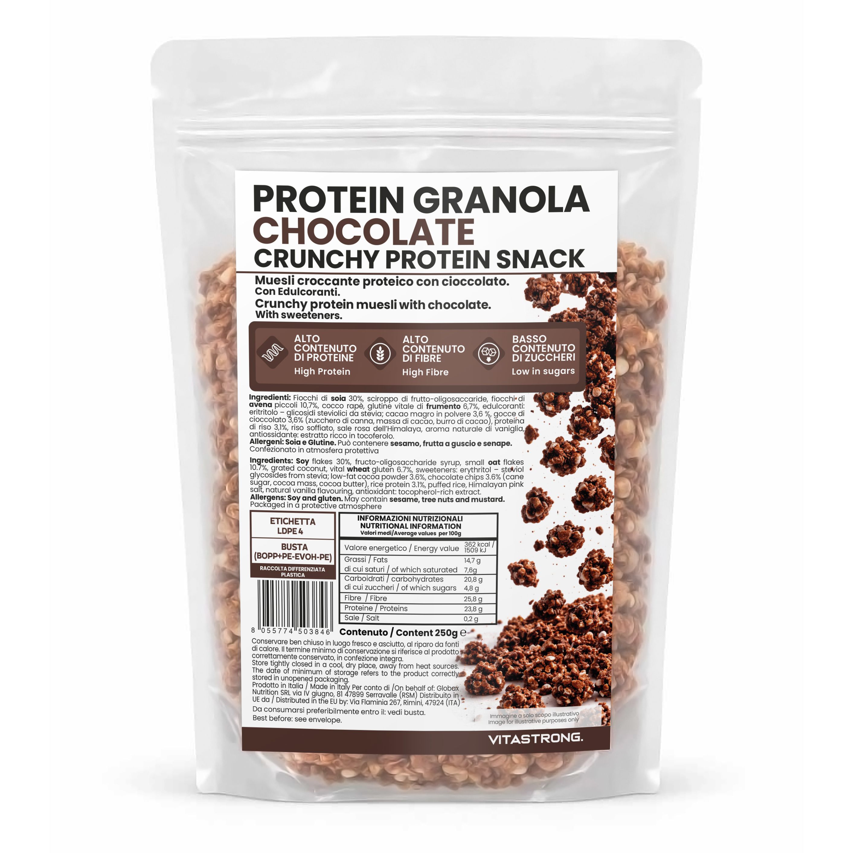 Sachet transparent de granola protéiné au chocolat. Texte : Riche en protéines, riche en fibres. Marque Vitastrong.