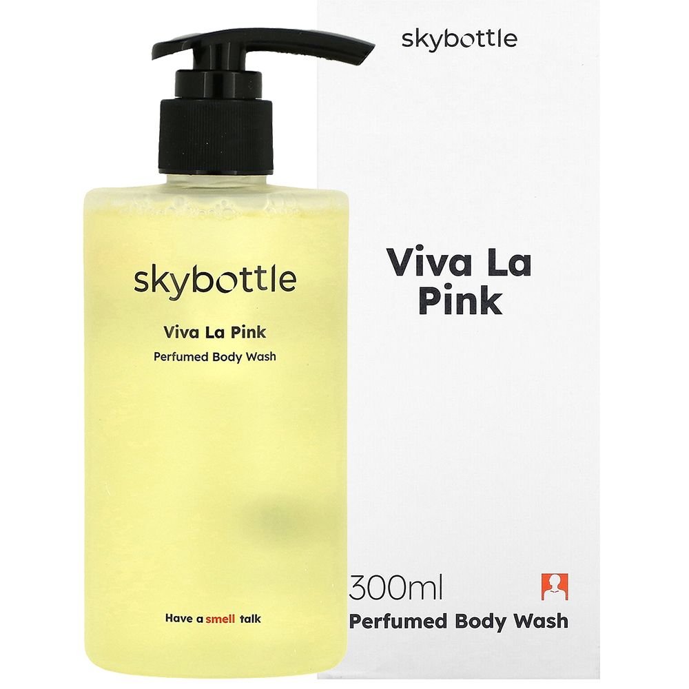 Douchegelfles met verpakking. Opschrift: skybottle, Viva La Pink, Perfumed Body Wash, 300ml.