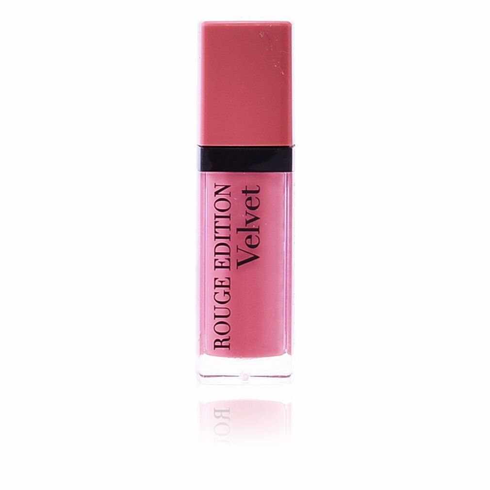 Roze lipstick. Opschrift: Rouge Edition Velvet. Transparante huls met roze inhoud. Roze dop.