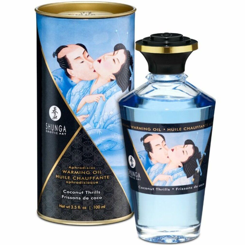 Flacon et boîte cylindrique bleus. Inscription: Shunga, Warming Oil, Coconut Thrills.