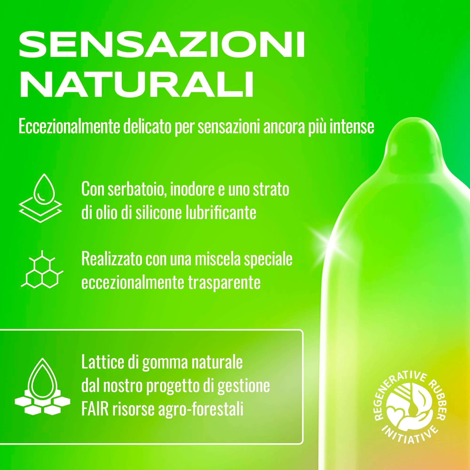 Préservatif vert avec huile silicone, transparent, latex naturel.
