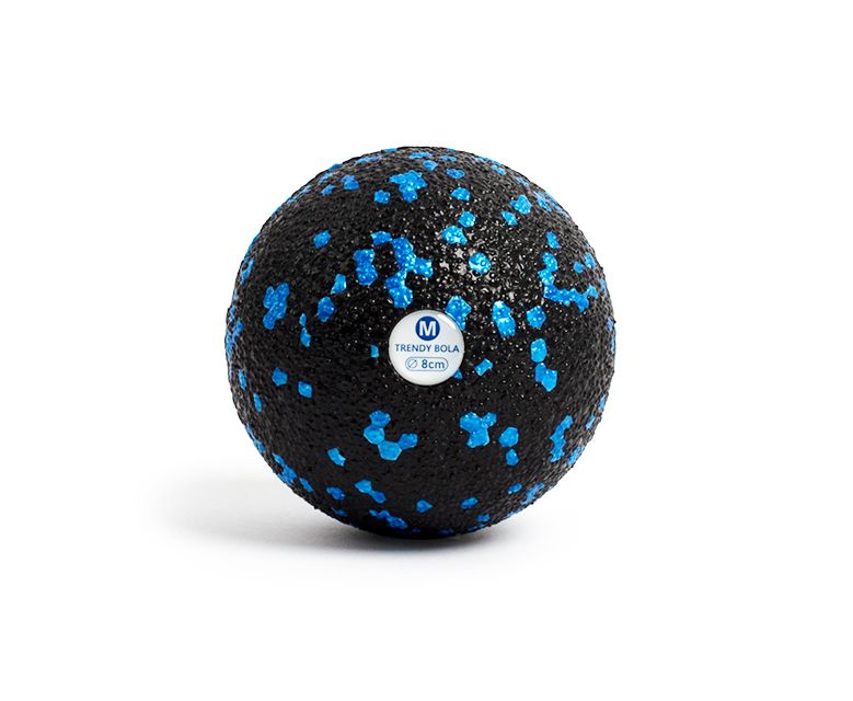Balle de fascia noire avec des points bleus. Autocollant avec indication de taille (2,8cm). Trendy Bola.