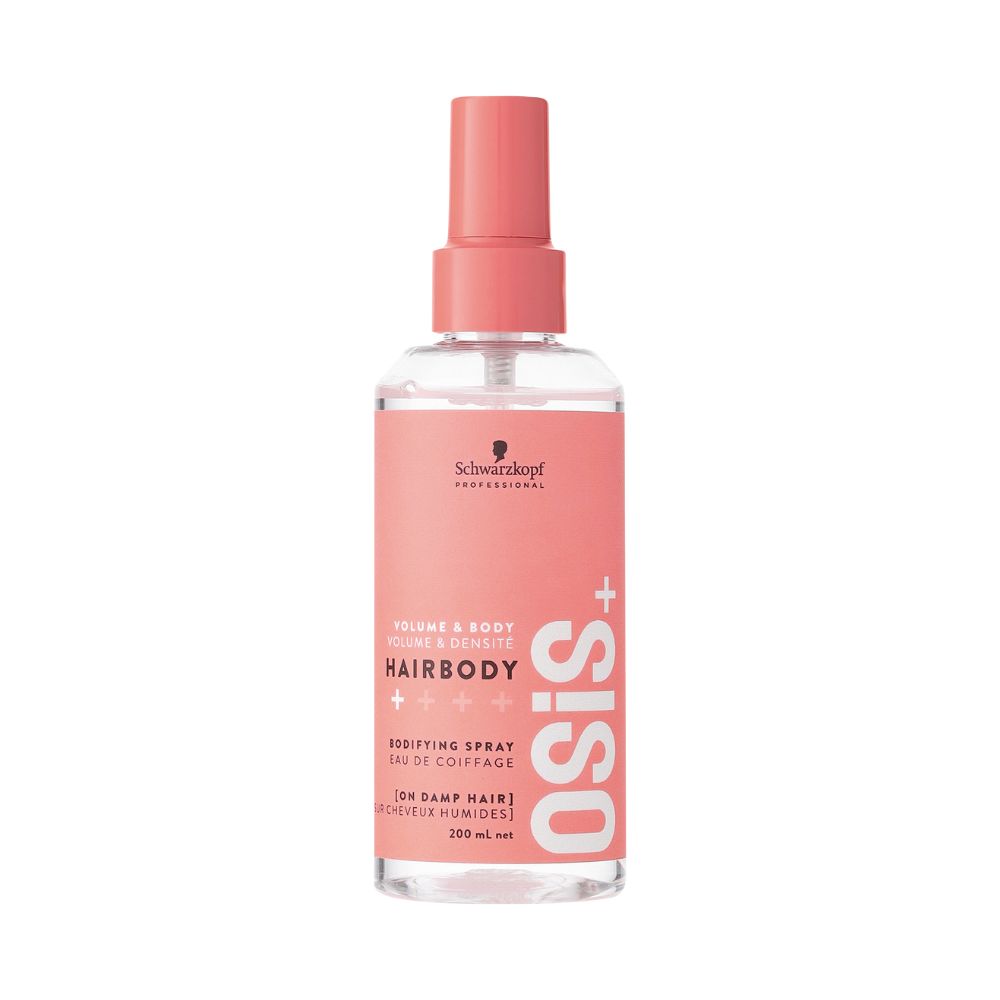 Roze haarsprayfles. Schwarzkopf OSiS+ Hairbody. Spuitkop en fles zijn roze. Tekst: Volume & Body, Hairbody.