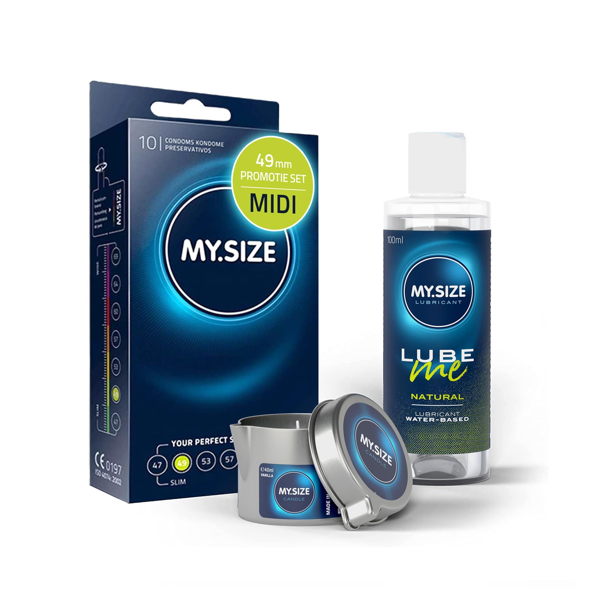 MY.SIZE PRO Condooms + LUBE ME Natural + Body Candle Set