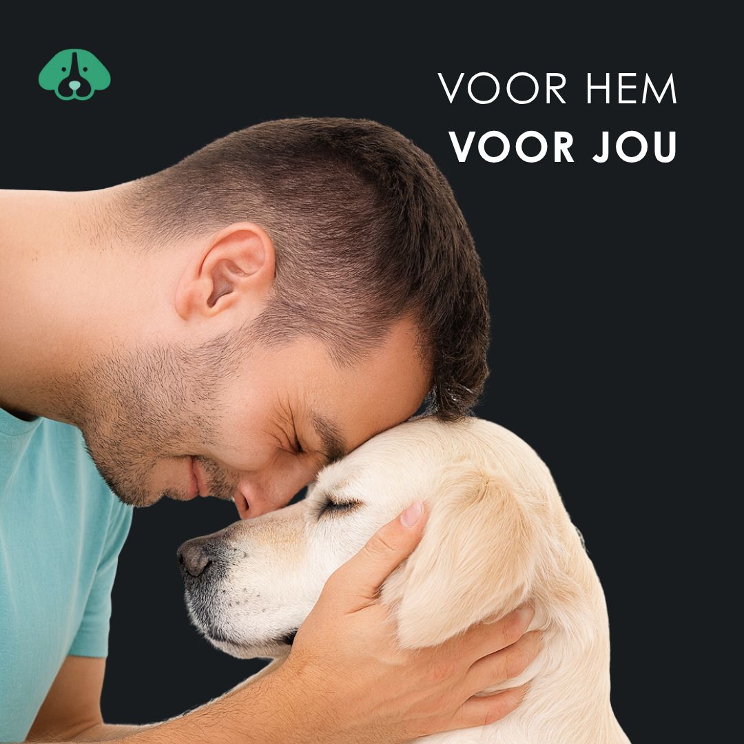 Een man omhelst een hond. Tekst: Voor hem, voor jou.