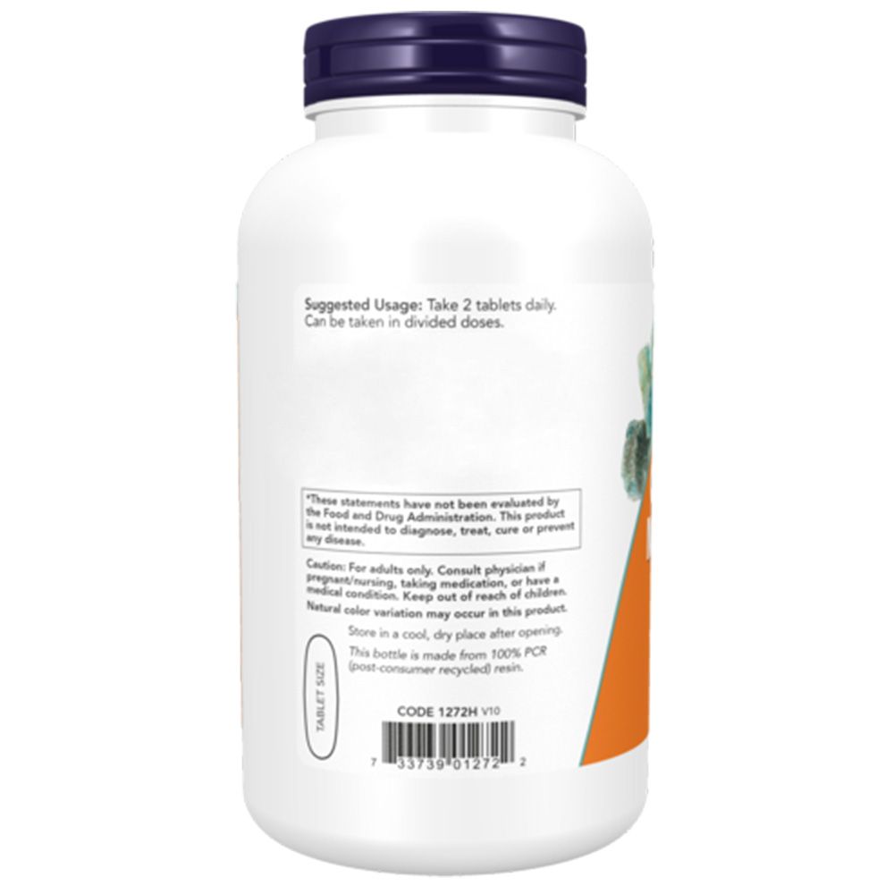 Achterkant van de fles. Oranje etiket met gebruiksaanwijzing. Waarschuwingen. Code en recycling logo. Merk: NOW.