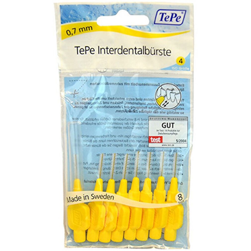 Verpakking gele TePe interdentale borstels 0,7 mm. 8 stuks. Kunststof handvat, borstelharen. Verpakking met informatie en label.