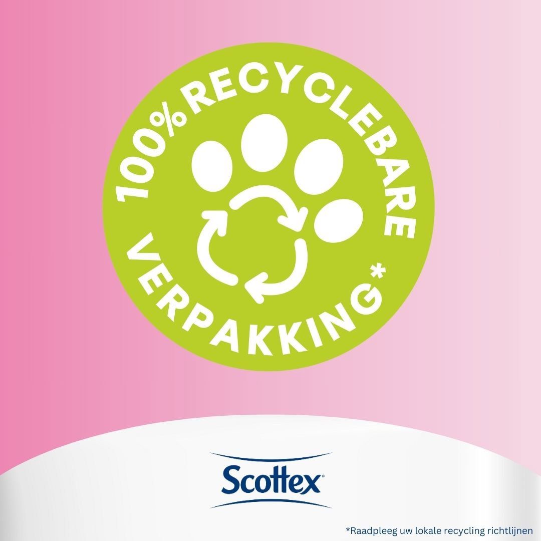 Ronde sticker met groene achtergrond. Tekst: "100% recyclebare verpakking". Scottex logo onderaan.