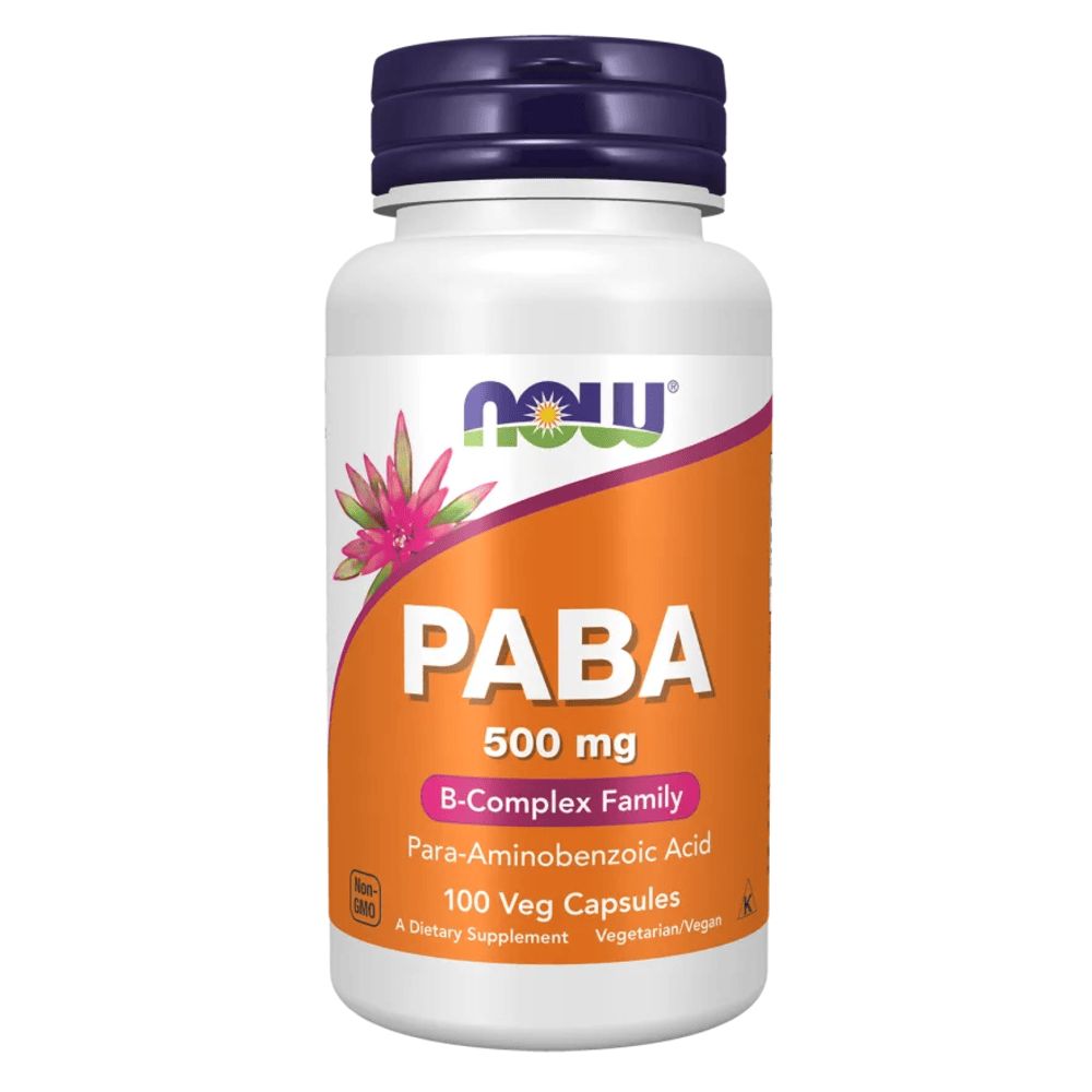 Flacon blanc, bouchon violet. Étiquette orange avec texte: PABA 500 mg, B-Complex Family, 100 Veg Capsules.