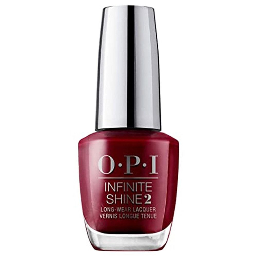 Flacon de vernis à ongles rouge avec bouchon argenté. OPI Infinite Shine 2.
