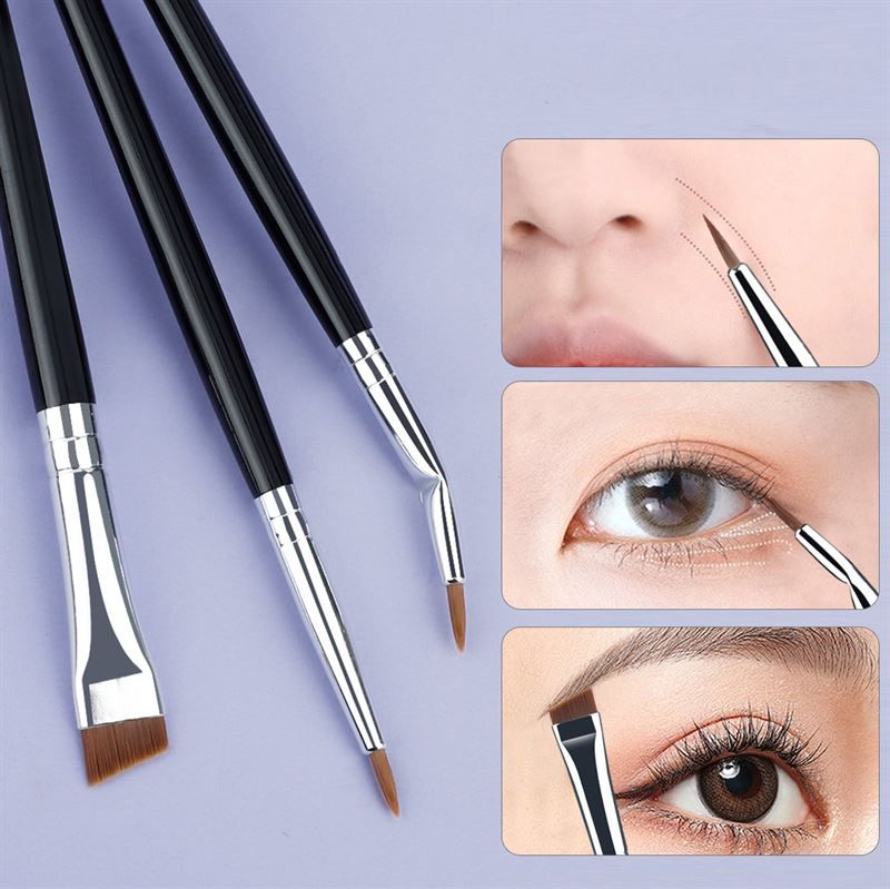Drie oogmake-up kwasten, close-up van borstels en handvatten, met close-ups van de toepassing.
