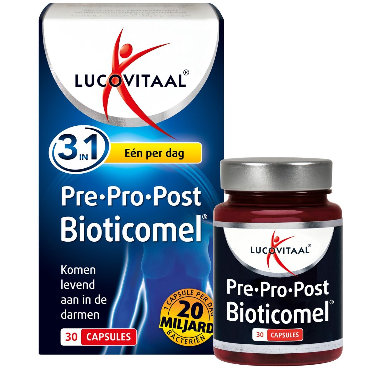 Lucovitaal Pre·Pro·Post Bioticomel. Productverpakking en fles met capsules. 30 capsules.