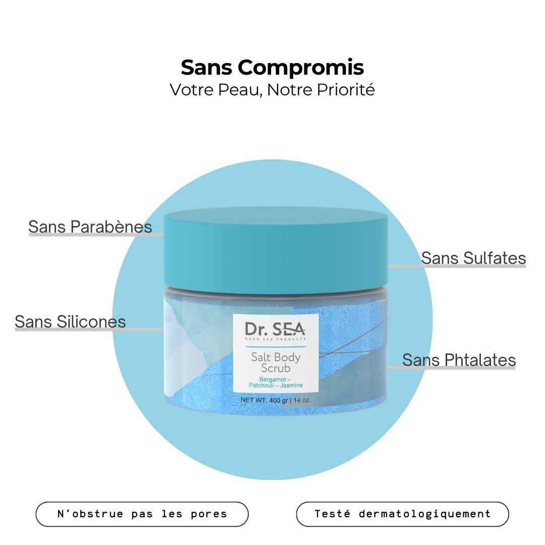Produit avec texte : Sans Compromis. Sans Parabènes, Sulfates, Silicones, Phtalates. Nom du produit visible.