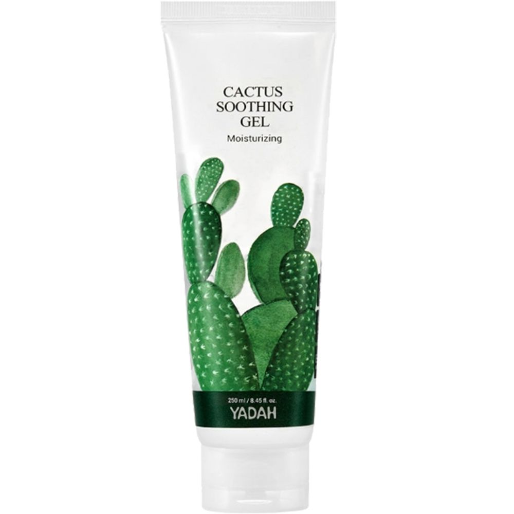 Tube blanche avec motif cactus vert. Texte: Cactus Soothing Gel, Moisturizing. Marque: Yadah. Bande noire avec texte.