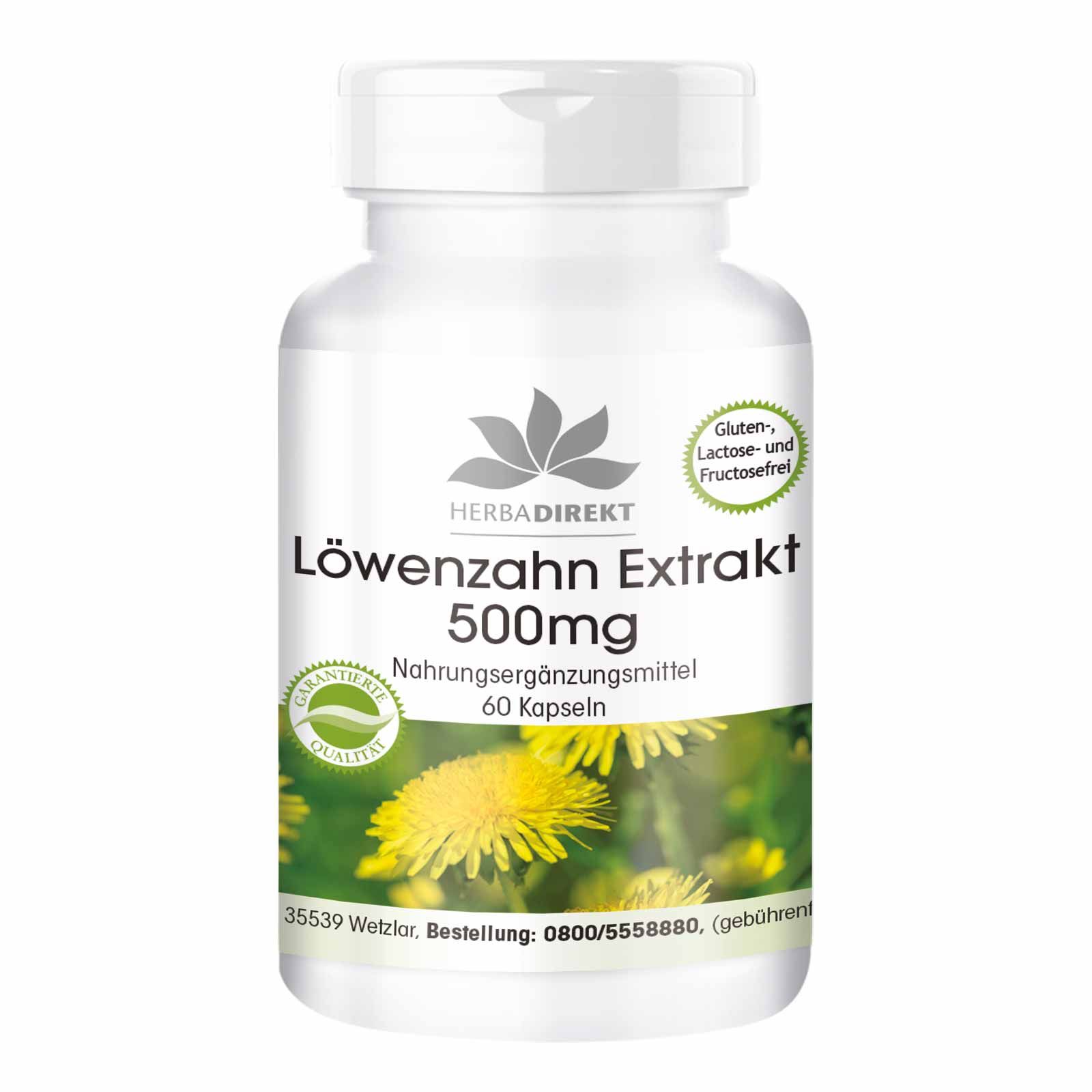 Witte fles met capsules. Opschrift: Paardenbloem Extract 500mg. Logo: Herbadirekt. Glutenvrij, lactosevrij en fructosevrij. 60 capsules.