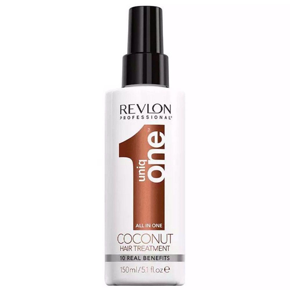 Flacon de spray capillaire blanc, bouchon noir. Texte: Revlon, Uniq One, All in One Coconut Hair Treatment. 150ml.