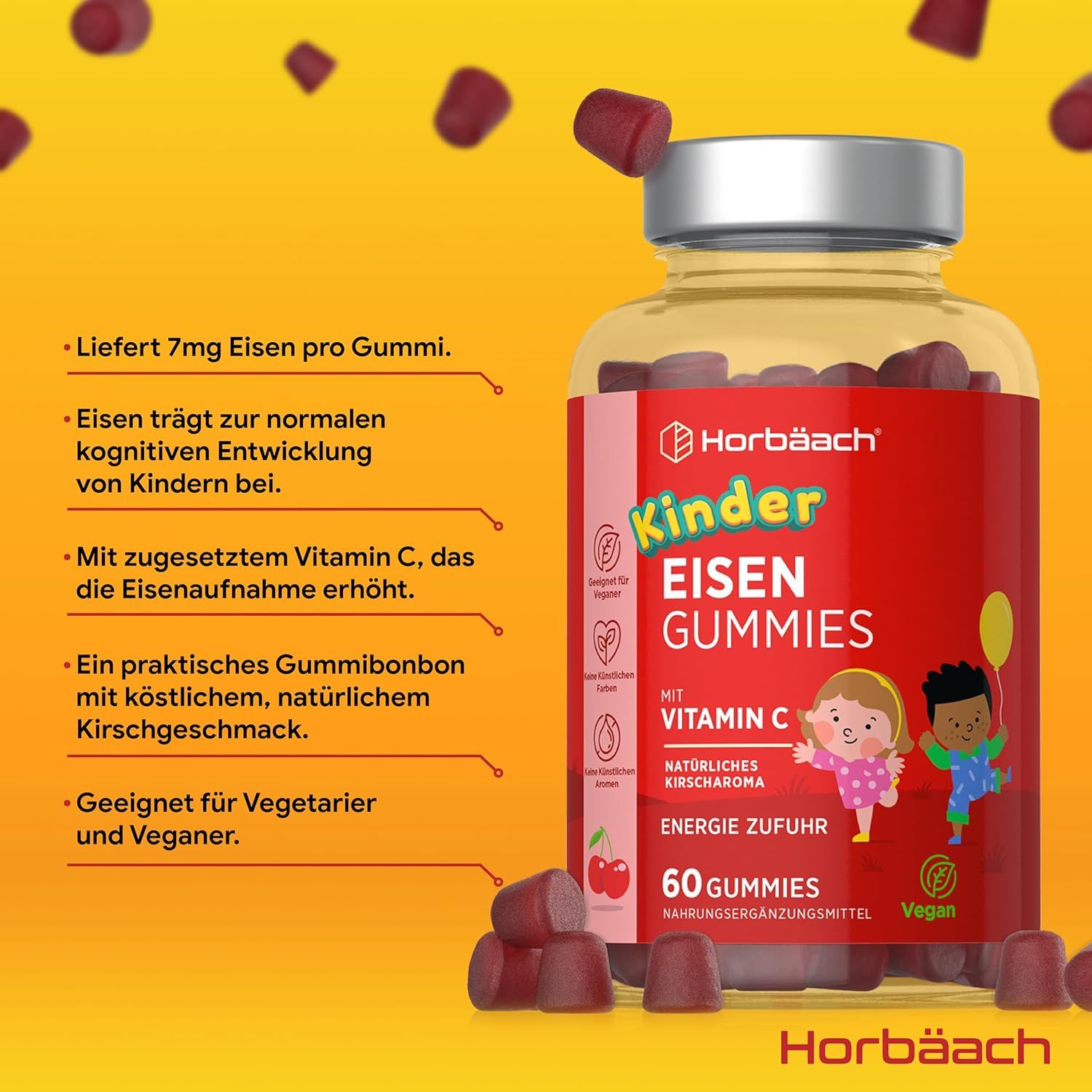 Flacon en verre avec gommes rouges. Étiquette rouge "Kinder Eisen Gummies". Texte sur le fer et la vitamine C. 60 gommes.