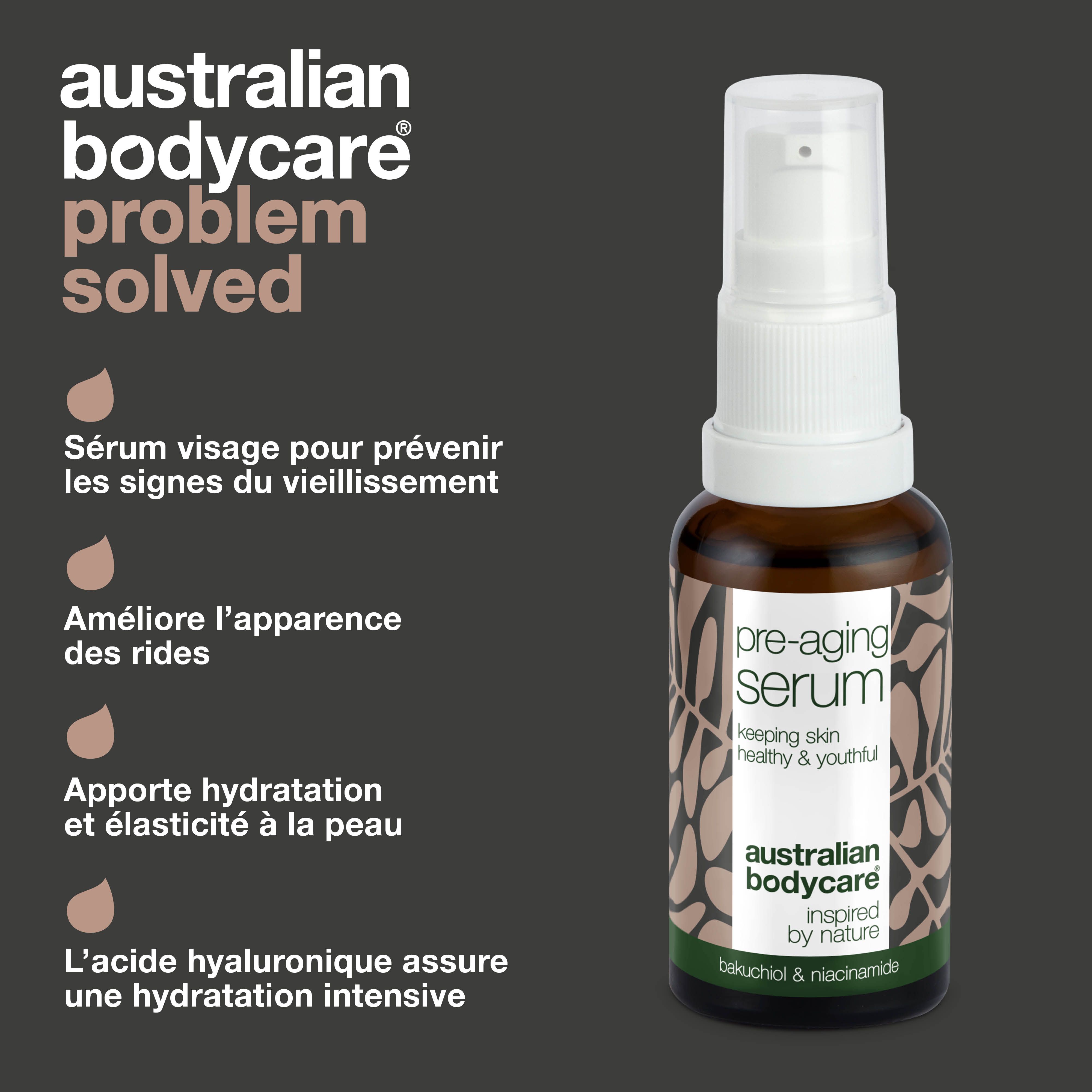 Flacon de sérum. Texte : sérum pour prévenir les signes du vieillissement, améliore les rides, hydrate.