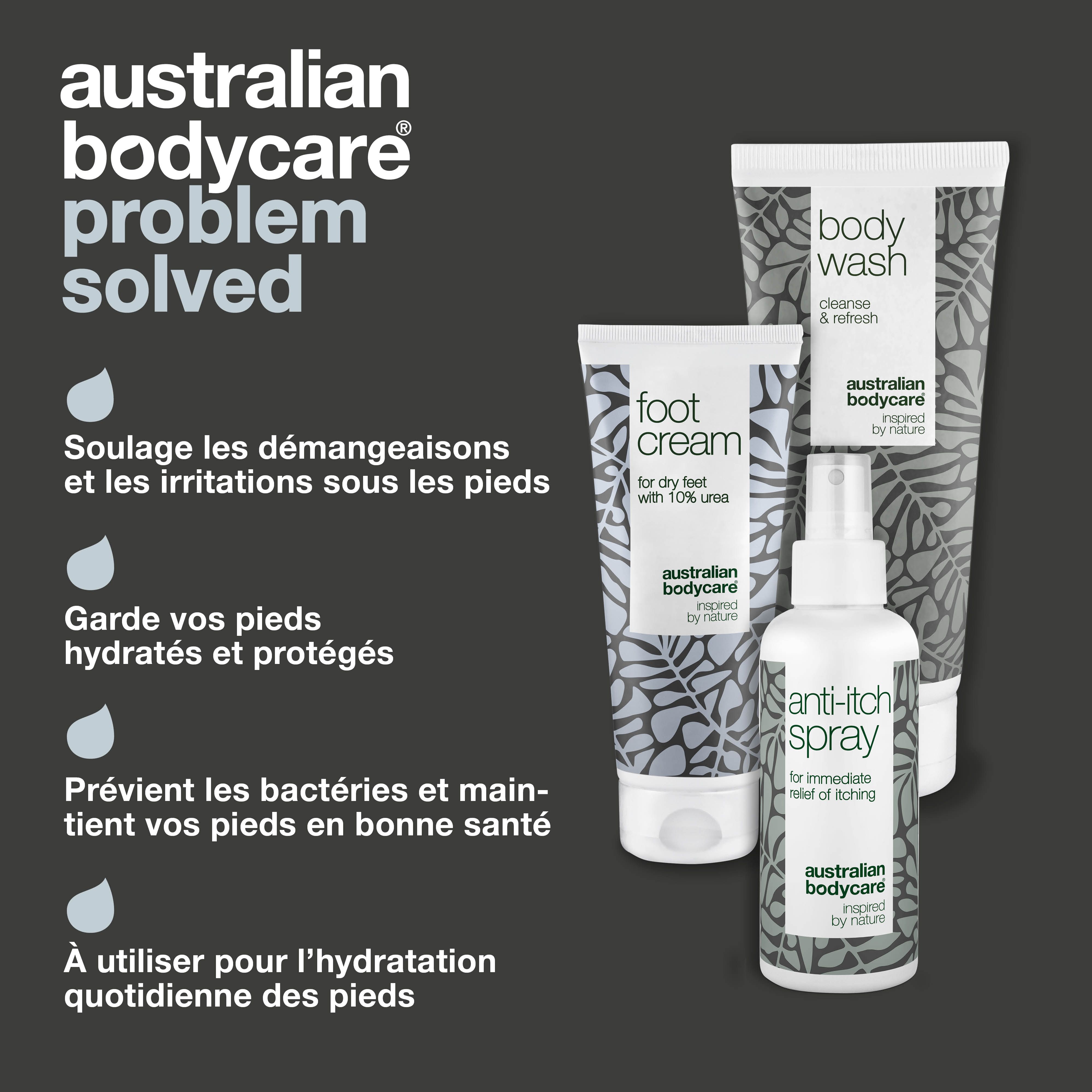 Trois produits : gel douche, crème pour les pieds, spray anti-démangeaisons. Texte : Australian Bodycare, problème résolu.