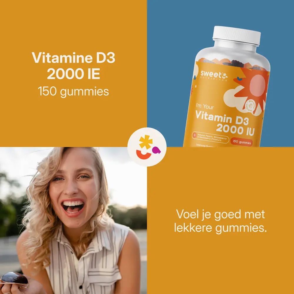 Vitamine D3 2000 I.E. gummies. Fles met etiket. 150 gummies. Smaak: perzik, aardbei, braam.