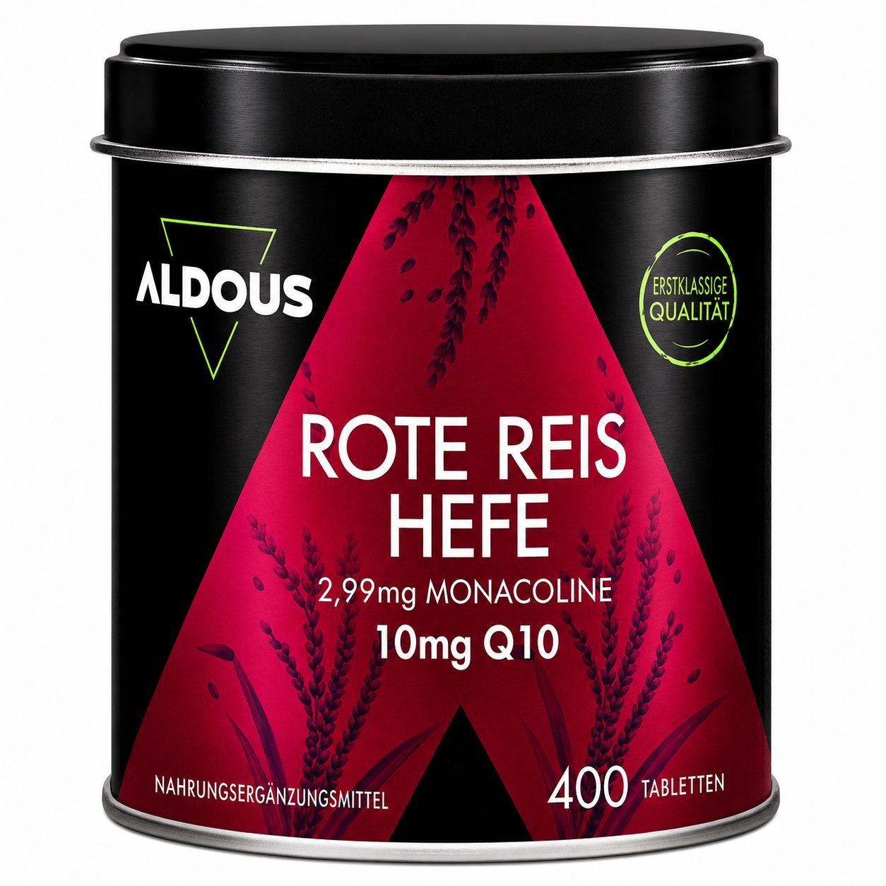 Aldous Gefermenteerde Rode Rijst Tabletten blik met 400 stuks. Bevat 2,99mg monacolines en 10mg Q10.