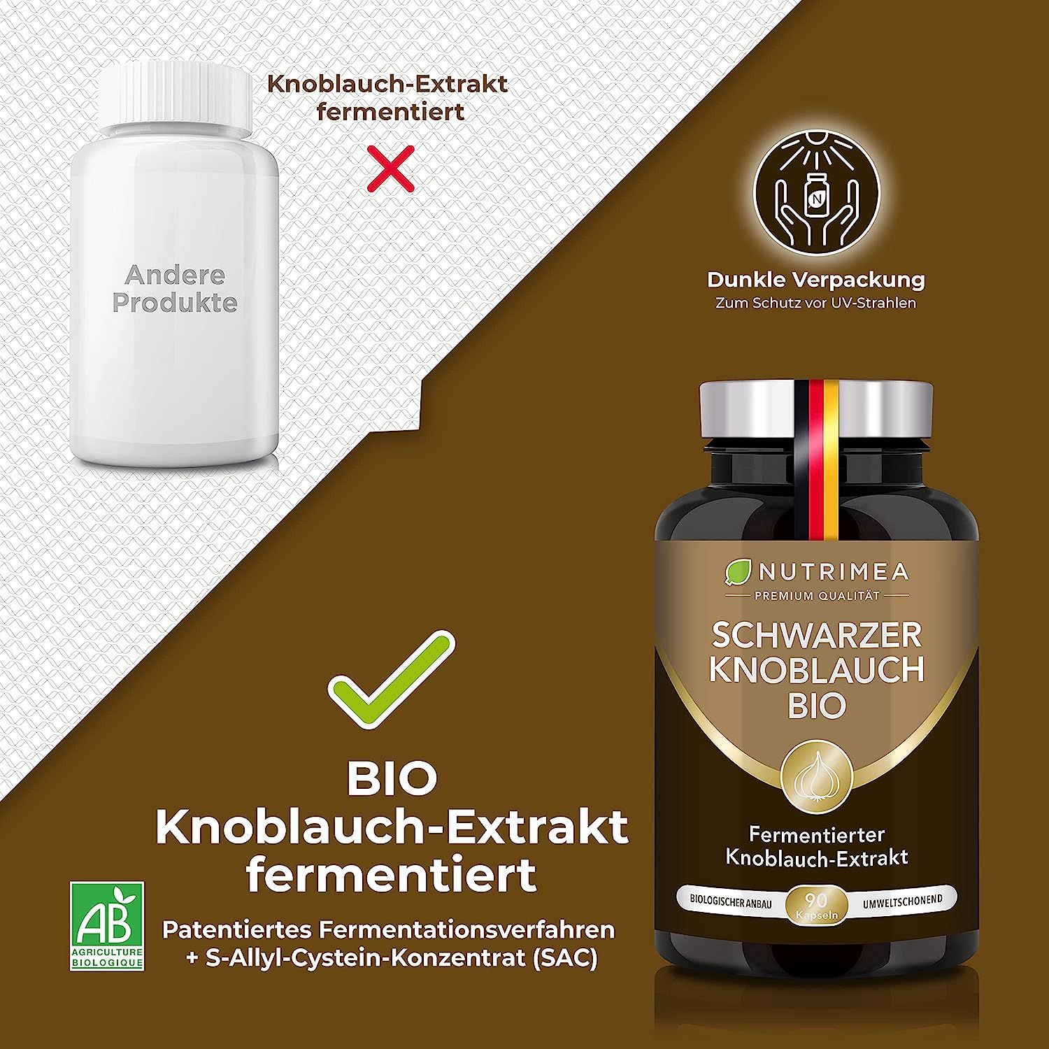 Vergelijking van knoflookextract capsules. Links: Andere producten. Rechts: BIO gefermenteerd knoflookextract.