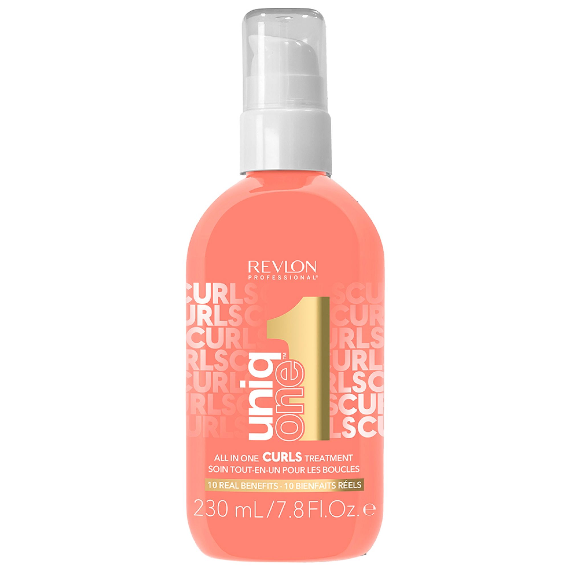 Flacon Revlon UniqOne Curls Treatment avec pompe, 230 ml.
